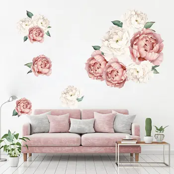 Roz si Bujor Alb de Flori autocolante de Perete pentru Camera Copii Living Dormitor Decor Perete Decal Florale, Decor Acasă