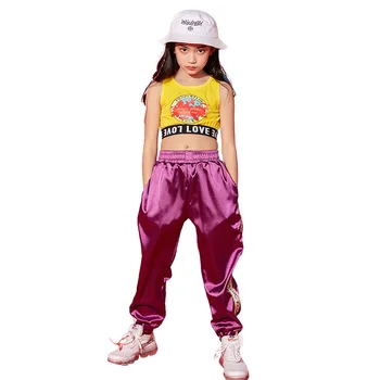 Copil Hip Hop Îmbrăcăminte Galben partea de Sus a Culturilor Vesta Mov Rulează Pantaloni Casual pentru Fete de Jazz, Dans, Costume de Dans Haine Purta
