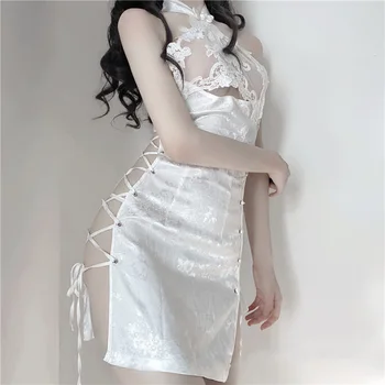 Lolita Fete Dantelă Înaltă Split Bandaj Rochie Mini Qipao Lenjerie Sexy Cheongsam Menajera Cosplay Uniformă Rochie Tradițională Chineză