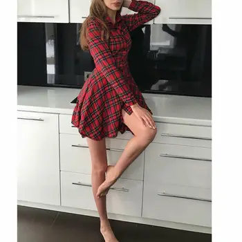 Femei Elegant Stil Camasa Carouri Rochie Mini Cu Maneci Lungi Casual Streetwear Rochie A-Line 2019 Nou Plus Dimensiune