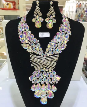 Seturi de bijuterii Multicolore Mireasa Nunta Mare de Cristal de Aur din Dubai Seturi de Bijuterii pentru Femei Colier Cercei