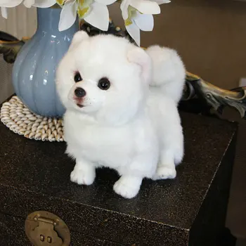 Plus Pomeranian câine papusa Simulare câine animal de pluș jucării super Realist câine jucărie pentru iubitorii de animale de companie de lux decor acasă albă ca zăpada
