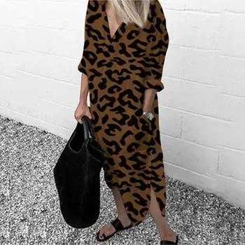 Femei Leopard De Lungă Rochie De Toamna Cu Maneci Lungi Turndown Colla Șifon Rochii De Plajă Split Liber Casual Pocket Plus Dimensiunea Rochie De Camasa