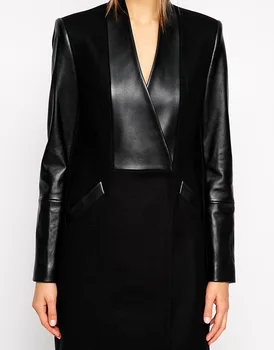Moda de iarnă Palton Brand Elegant Vânzare Contrast Negru din Piele PU Buzunare Lână Mozaic de sex Feminin Strat
