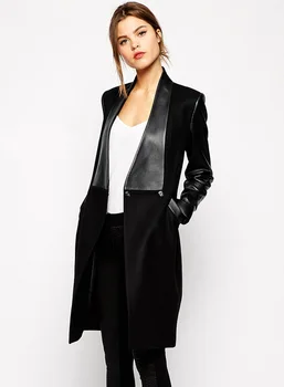 Moda de iarnă Palton Brand Elegant Vânzare Contrast Negru din Piele PU Buzunare Lână Mozaic de sex Feminin Strat