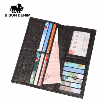 BISON DENIM de lux din piele pentru bărbați portofele lung subțire bifold titularul cardului de credit pungă portofel