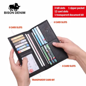 BISON DENIM de lux din piele pentru bărbați portofele lung subțire bifold titularul cardului de credit pungă portofel