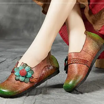Johnature Retro Femei Pantofi Balerini Culori Amestecate Piele Naturala 2020 Nouă Primăvară Rotund Toe Superficial Casual Manual Doamnelor Pantofi