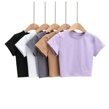 Culoare pură Casual Scurte T-shirt Femei de sex Feminin de Vara Maneca Scurta Alb, Violet, Negru, Gri, Kaki tricou Slim Fit Topuri Doamnelor
