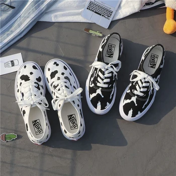 Harajuku Drăguț Zebra De Imprimare De Vacă Pantofi Confortabil Platforma Balerini Femei Casual Mocasini Albi Moda Coreeană Kawaii Adidasi Negru