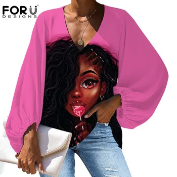 FORUDESIGNS Femei Supradimensionat Bluza Afro Blcak Art Fete Model de Vara Mânecă Lungă Lanternă Roz Topuri Blusas Fete Bluze Sifon
