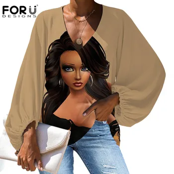 FORUDESIGNS Femei Supradimensionat Bluza Afro Blcak Art Fete Model de Vara Mânecă Lungă Lanternă Roz Topuri Blusas Fete Bluze Sifon