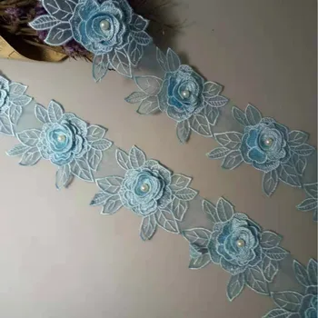 20buc/Lot Albastru Floare Trandafir Frunze Pearl Lace Trim Aplicatiile Tunderea Panglica de Material Brodate Ambarcațiuni de Cusut Decor Nunta 10cm