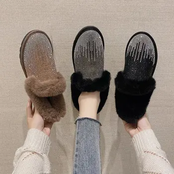 Pantofi De Iarna Pentru Femei Cizme Glezna Apartamente Păros Pantofi Mocasini Blană Cald Kaki Argintiu Negru Pantofi Femei Cu Toc Plat Apartamente Pantofi