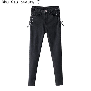 Chu Sau frumusețea Streetwear Epocă Papion Elastic Creion Pantaloni Femei Casual Chic Slim cu Fermoar Zbura Blugi Moda Mujer pantalones