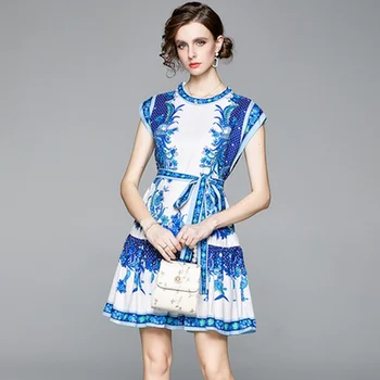 De Vară 2020 Femei Maneci Scurte de Design Albastru Pista Rochie de Epocă Eșarfe Decor O-gât Vrac Rochii Mini Vestidos Famele