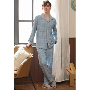 AIPEACE 2 Bucati de Bumbac pentru Bărbați Pijama Set Casual cu Dungi cu Maneci Lungi Guler Rever Sleepwear Primavara-Vara Homewear îmbrăcăminte de noapte