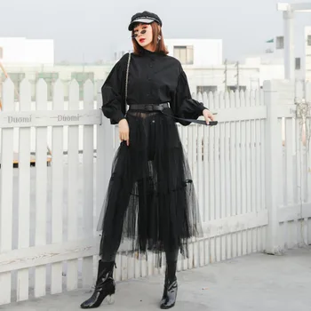 2020 Nou toamna iarna Moda Rochie lungă Neagră Femei sexy Rochie Lantern Maneca Talie Mare Bandaj Plasă Vedea prin Rochie gotica