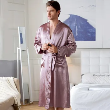 Liber Sleepwear Plus Dimensiune Bărbați Halat Kimono de Baie Rochie de Vara Noi Casual camasa de noapte Sexy Pijamale V-gât Satin Lungi Haine de Acasă