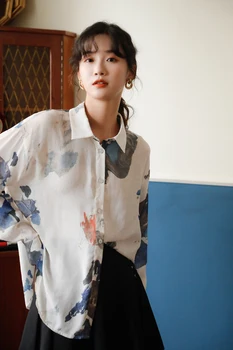 CHEERART Munți Și Râuri de Imprimare Bluza cu Maneci Lungi Femei Albe Vedea Prin Guler Camasa Casual 2020 coreeană de Moda de Îmbrăcăminte