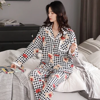 BZEL Drăguț Carouri Pijama Set Haine de Acasă Pentru Femei Pijamale de Bumbac Mâneci Lungi, Pantaloni Lungi de Pijama Mujer de Mari Dimensiuni Pijama cămășuță de Noapte
