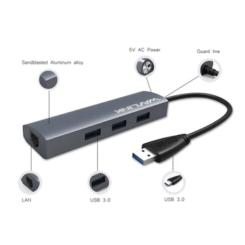 USB 3.0 la Gigabit Ethernet Adaptor 3-Port Hub USB 3.0 Autobuz w/ RJ45 10/100/1000 Gigabit Ethernet LAN Convertor Port HUB Wavlink