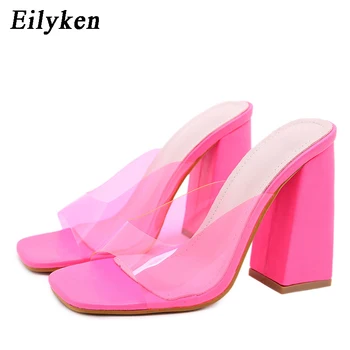 Eilyken Transparente Sexy Femei Papuci 2021 Deschis Deget de la picior Toc Pătrat Slide-uri de Înaltă Tocuri Femei Pantofi Sandale de Moda Bomboane de Culori
