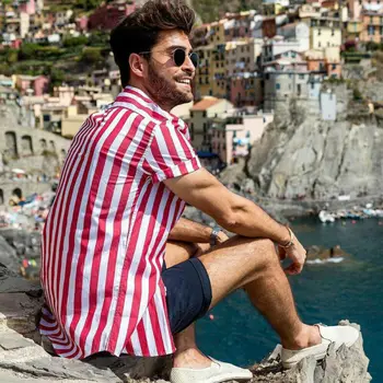 2019 Bărbați Short Sleeve V-Neck Striped Buton-Up Bluza Casual de Vara Bluza Tee Topuri