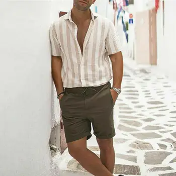 2019 Bărbați Short Sleeve V-Neck Striped Buton-Up Bluza Casual de Vara Bluza Tee Topuri