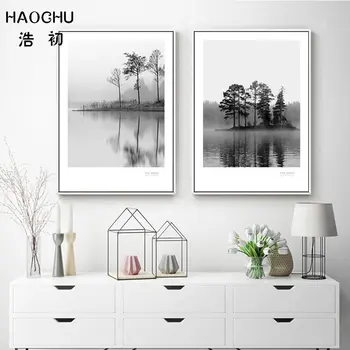 HAOCHU Negru & Alb Poster Art Peisaj Încă de Viață Panza Pictura Navigatie Lac Pin Peisaje de Toamna Decor Acasă Neînrămate