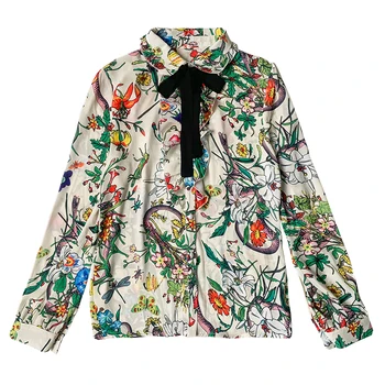 De lux de Designer de Brand Șifon Tricou pentru Femei de Epocă Peter Pan Guler Arcul de Insecte Plante Imprimate Bluza cu Maneci Lungi