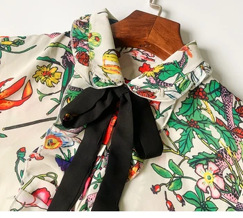 De lux de Designer de Brand Șifon Tricou pentru Femei de Epocă Peter Pan Guler Arcul de Insecte Plante Imprimate Bluza cu Maneci Lungi