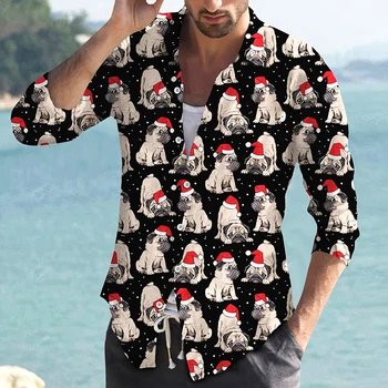 Crăciun Roșu Plade Animale Drăguț Cățeluș Câine Barbati Maneca Lunga Design Personalizat Tricou Casual