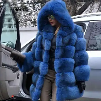 Cu glugă de Blană de Vulpe Strat Gros Cald Faux Blană de Vulpe Sacou pentru Femei Albastru Uza Mult Haine de Blana 2020 Iarna de Moda de Lux Uza