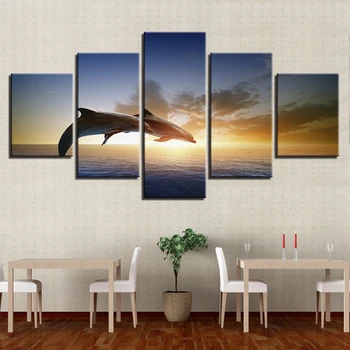 Canvas Wall Art Imaginile Decor Cameră de zi 5 Piese Sărituri Delfinii Animal Picturi HD Printuri Apus de soare peisaj Marin Poster Cadru