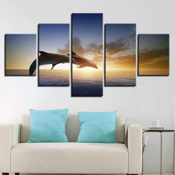 Canvas Wall Art Imaginile Decor Cameră de zi 5 Piese Sărituri Delfinii Animal Picturi HD Printuri Apus de soare peisaj Marin Poster Cadru