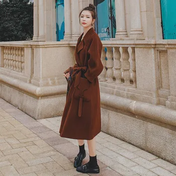 SHENGPALAE 2021 Iarnă Lână Mantou pentru Femei Lungi Guler de Turn-down Centura Talie-coreean Pierde Culoare Solidă Maneca Lunga Palton ZC230