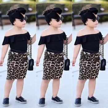 2018 Noi Copii Fata de Vara Haine Copii Fete de Pe Umăr Zburli Tricou Topuri Leopard linie dreaptă Fusta Copii Haine de Moda 1-6Y