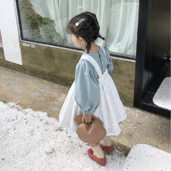 Costum de fete Puff Maneca Copilul copil Maneca Lunga Culoare Solidă Rochie cu curea Rochie de Dantelă Set de Doua Bucati 2020 Toamna Haine Noi