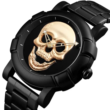 Craniul de Aur Negru Barbati Ceas Gravate cu Laser Cap de Craniu Ceasuri Punk Schelet Ceas de mână pentru Bărbați Mișto de sex Masculin Cuarț Încheietura Ceasuri