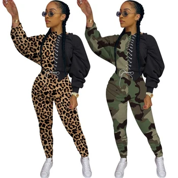 5 stiluri de Moda pentru Femei 2 Bucată de Costume în Carouri Leopard camuflaj Casual cu Maneci Lungi Mozaic Dantela Sus + Set de Pantaloni de Trening