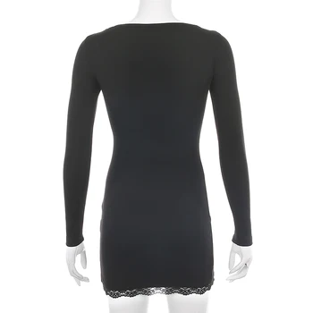 Gât Pătrat Dantela Mozaic Bodycon Rochie Neagră Femei Elegante Din Bumbac Moda Side Split Toamna Rochie Mini Doamnelor De Bază