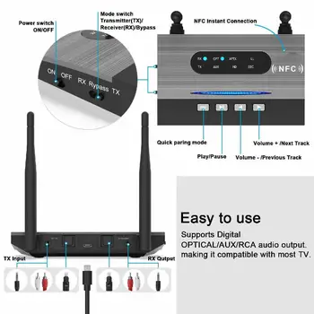 80M cu Rază Lungă NFC 262ft Adaptor Audio Bluetooth 5.0 Receptor Și Transmițător Latență Scăzută aptX HD Spdif RCA AUX de 3,5 mm Pentru Tv, Pc