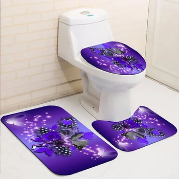 Floare Violet Fluture Impermeabil Imprimare Perdea De Duș 4 Buc Covor Capac Capac De Toaletă Covoraș De Baie Set De Garnituri Baie Cortina