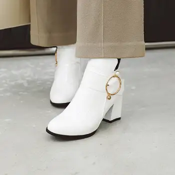 SIMLOVEYO Glezna cizme pentru femei Subliniat de la picior toc Bloc de Metal Pearl piele Fermoar Dimensiune 34-48 Botas feminino mujer B1675