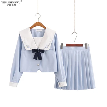 Școala japoneză JK Uniformă Lungă Maneca Scurta Camasa Plisata Fusta Costume Adolescente Majorete Cor Petrecere Uniforme de Marinar