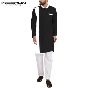 2021 Indian Haine Barbati Maneca Lunga t-Shirt Kurtas Butonul Stand Guler Topuri Lungi Elegante pentru Bărbați Musulmani Caftan S-5XL INCERUN