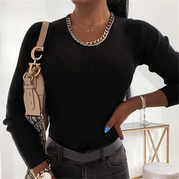 Femei Sexy Cămașă De Toamnă Echipajul Gât Lanț De Metal Bluza De Toamna Cu Maneci Lungi Solid Cu Nervuri Tricotate Bluze Office Lady Elegant Slim Shirt