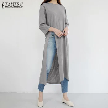 Plus Dimensiune Tunica Femei Split Bluza 2021 ZANZEA Elegante de Vara 3/4 Sleeve Shirt Casual sex Feminin O de Gât Blusas Topuri Lungi S-5XL