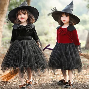 Umorden Fantasia Purim Costume de Halloween pentru Fete Vrăjitoare Mică Fată Costum Cosplay Rochie Tutu Copii Copil Negru Rosu